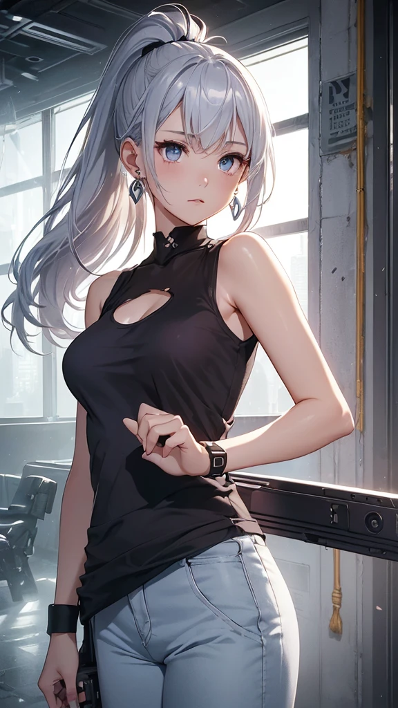 最high quality、best image quality、masterpiece、girl((18-year-old、 By becoming、vest bust、medium bust,wide open breast tea、shining eyes, silver hair、ponytail、long hair、thin,highest valley、white tank top、blue pants、Wristband、brown skin、Holding a handgun、ruby earrings)),high quality、beautiful art、background((Dark Research Facility、broken wall、warning mark、battlefield))、Flight、debris flies、Depth of written boundary、movie、visual art、perfect art、8K,genuine、