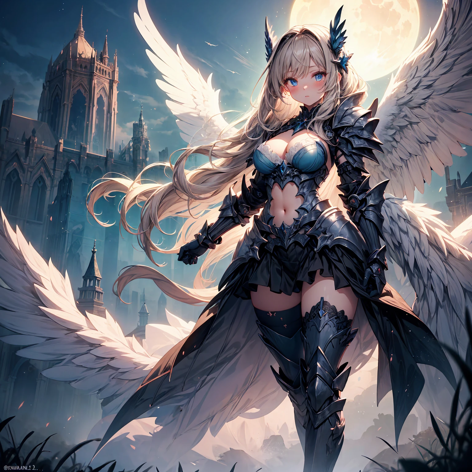 (((masterpiece))) (((highest quality))) (((8k resolution))) Queen in power armor, (gothic style), (full body shot 1.2), bellybutton, The most beautiful and sexy angel goddess, with long light brown hair, and glowing blue eyes, wearing intricate white gothic battle armor, angel wings, standing majestically in front of a gothic castle. ((perfect illumination)), a radiant glowing aura surrounds her, highlighting her divine presence and ethereal beauty, as she stands ready to defend her realm. The intricate details of her armor shimmer under the moonlight, and her angelic wings spread wide, casting an awe-inspiring shadow. Her glowing blue eyes exude both kindness and immense power, making her the epitome of grace and strength.
