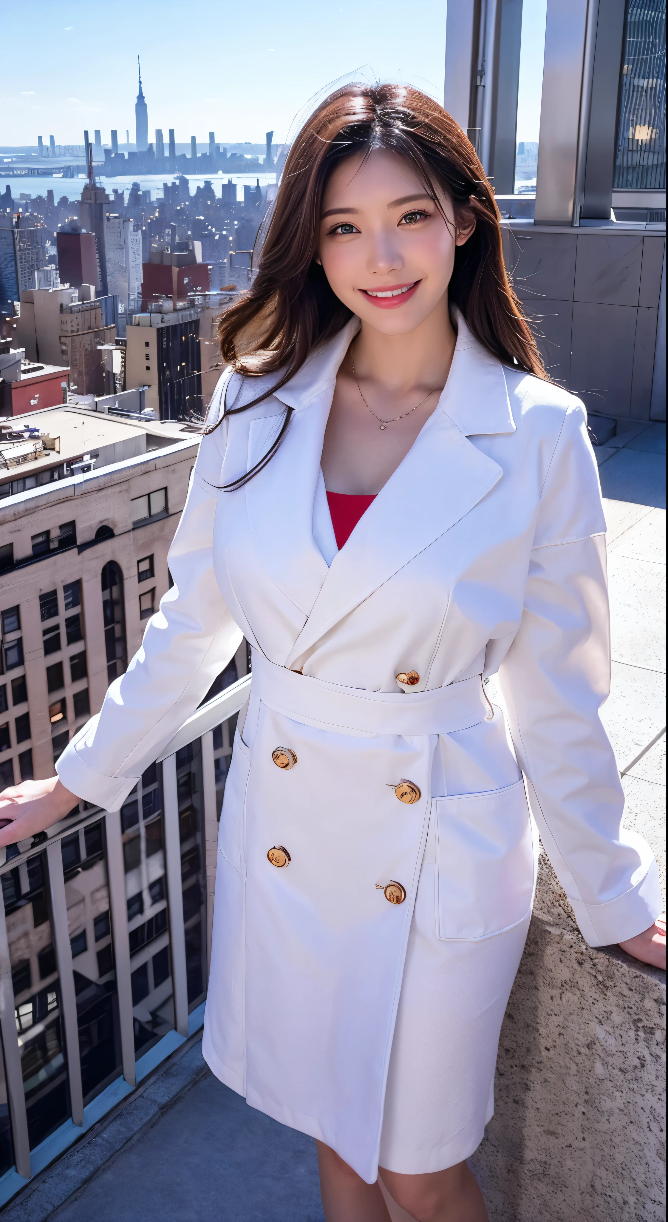 with high definition images，View of the Empire State Building from the rooftop in New York，Beautiful woman smiling and looking at camera，Beautiful woman in a white coat and red dress（Full body high quality images）A sunny, cloudless day
