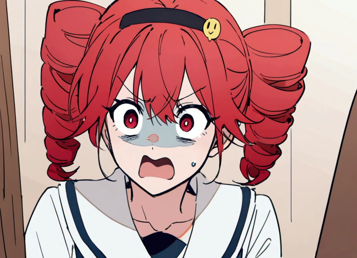 Red hair, sailor suit, holding paper, surprised face