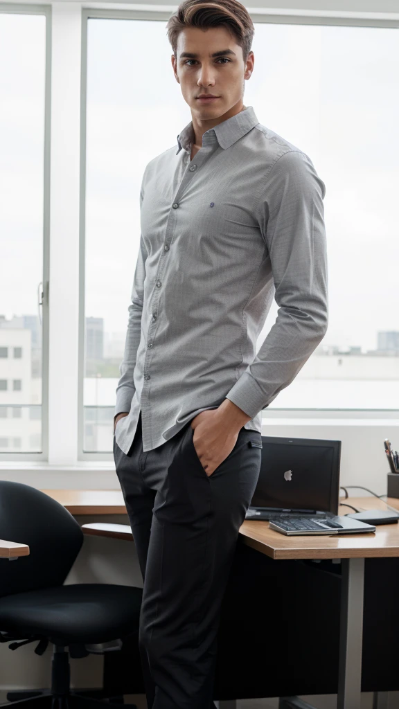 young businessman, proportional body, epic model, director's desk background, casual executive clothes, standing pose