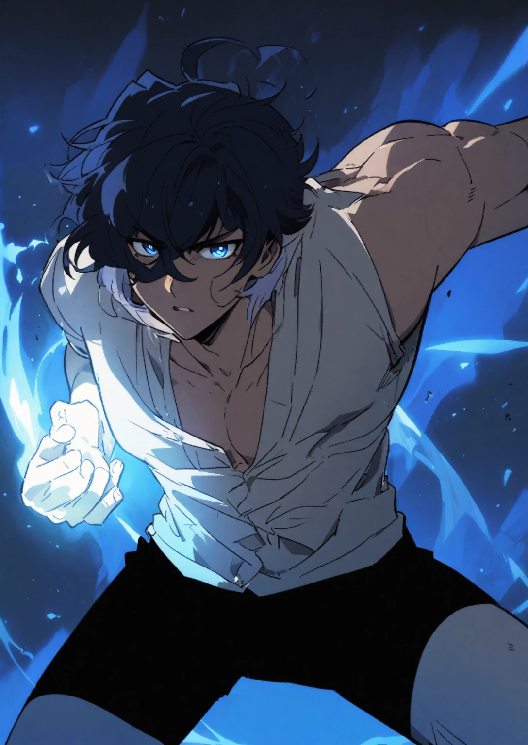  male, with dark blue hair and blue eyes , Manhwa style.