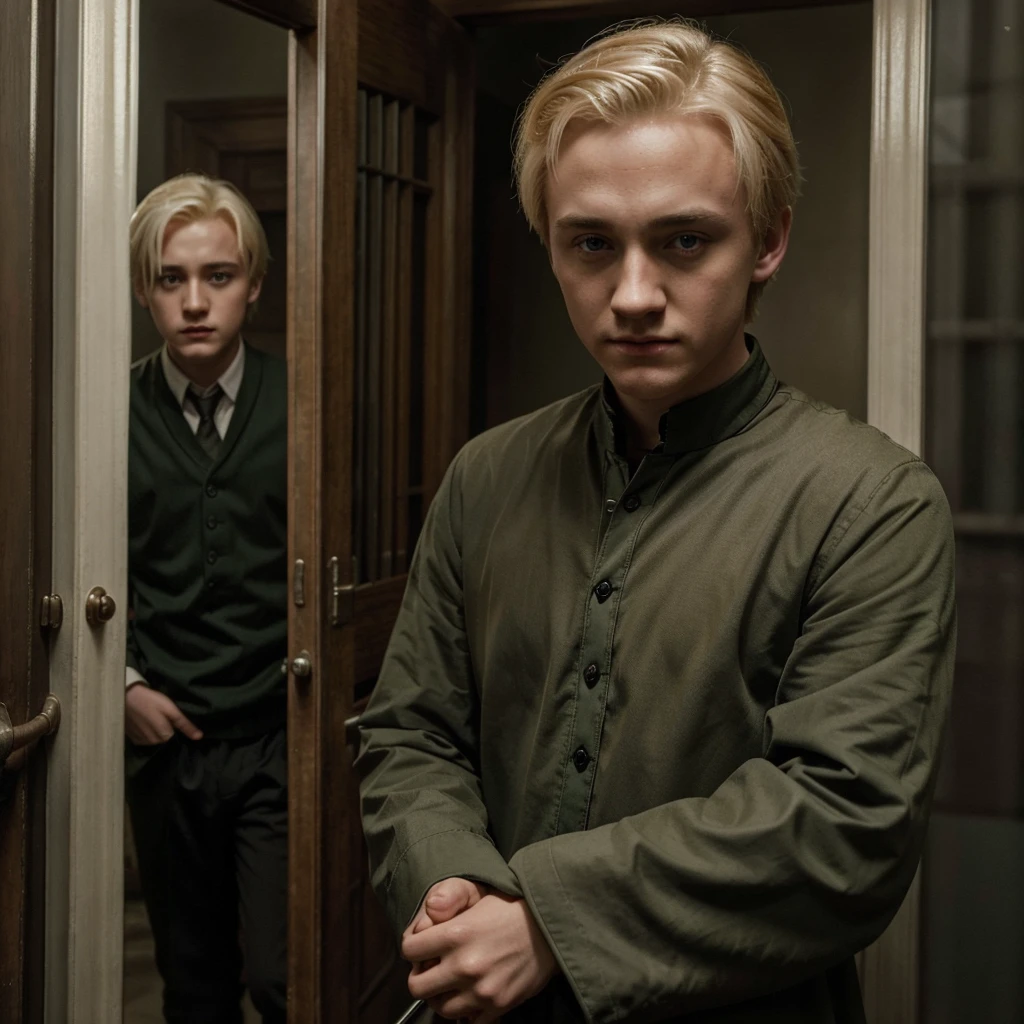 imagine a young Draco Malfoy, in real life, 14 years, taking as reference Tom Felton, along with his friends Gregory Goyle taking as reference Joshua Herdman and Vincent Crabbe taking as reference Jamie Waylett.