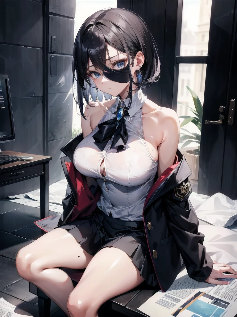 absurdres, RAW photo, extremely delicate and beautiful, masterpiece, Best Quality, ultra high resolution, 32k, hyperrealistic, ultra-detailed, perfect anatomy, super Detailed skin, perfect figure, Super Beauty, Perfect Style, Perfect balance, in her 20s, very Slim body, narrow waist, very small head, very small face, delicate facial features, tearful mole, earring, very huge round breasts, bare legs, medium hair, full body shot, business suit, Jacket, blouse, short skirt,
