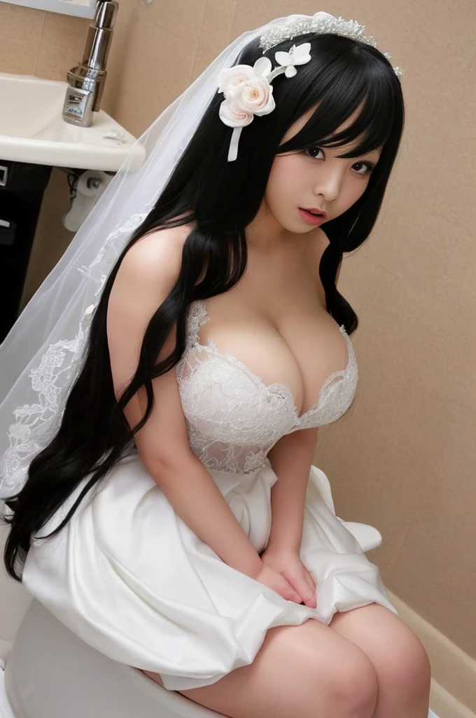 Brides Ayana and Mika、A gorgeous, voluminous wedding dress、Super fat、Big Breasts、Big Ass、Super long straight black hair、Small private room、Sitting on the toilet