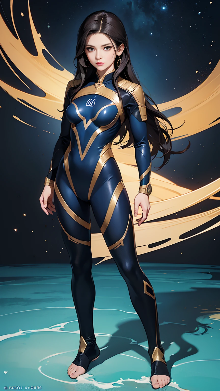 ((Full body photo, standing, feet on the floor)) Captain Janeway , highest quality、Realistic、female、Japanese、zoom、cute、Brown eyes、Black Hair、long hair、Blue hero suit、Gold accents on suits、Shiny bodysuit、Ocean