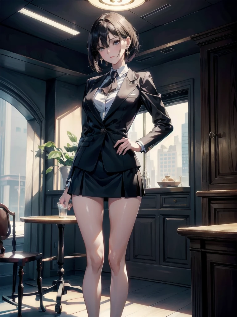 absurdres, RAW photo, extremely delicate and beautiful, masterpiece, Best Quality, ultra high resolution, 32k, hyperrealistic, ultra-detailed, perfect ???????, super Detailed skin, perfect figure, Super Beauty, Perfect Style, Perfect balance, in her 20s, very Slim body, narrow waist, very small head, very small face, delicate facial features, tearful mole, earring, very huge round breasts, bare legs, medium hair, full body shot, business suit, Jacket, blouse, short skirt,