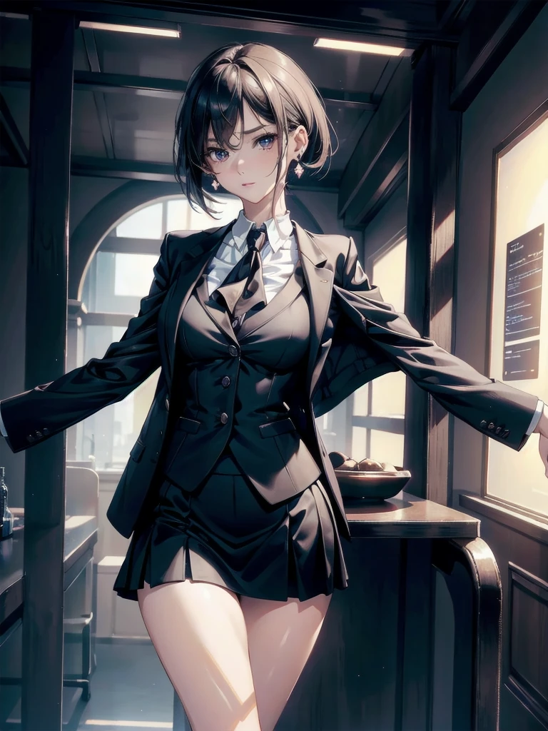 absurdres, RAW photo, extremely delicate and beautiful, masterpiece, Best Quality, ultra high resolution, 32k, hyperrealistic, ultra-detailed, perfect anatomy, super Detailed skin, perfect figure, Super Beauty, Perfect Style, Perfect balance, in her 20s, very Slim body, narrow waist, very small head, very small face, delicate facial features, tearful mole, earring, very huge round breasts, bare legs, medium hair, full body shot, business suit, Jacket, blouse, short skirt,