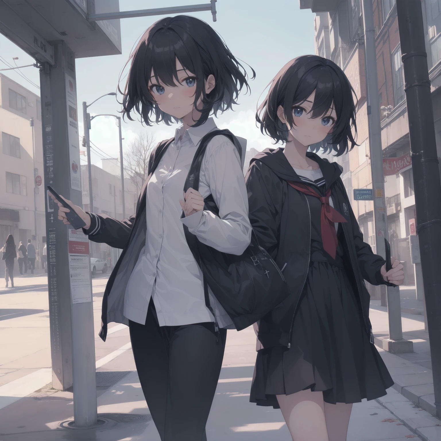 ultra-absurdres-Top quality by artist God, ultra-detailed, high resolution, anime moe artstyle, best anime 8k konachan wallpaper, pixiv contest winner, pool:2810, perfect anatomy,break, 1girl, (Please draw a girl walking sleepily to school alone. )break,(Solo,little female, 13-year-old:1.3),Full limbs, complete fingers,a junior high school student, (very short hair), short cut, flat chest, , small butt, small black eyes, beautiful detailed eyes, well-proportioned iris and pupils, expressive eyes, highres detailed hair, soft expression, salor school_uniform, sailor collar, serahuku, bow, pleated skirt,(Detailed Lighting), (Detailed background), in the School commute route. break,super detailed skin, Best cinematic lighting powered by famous artist, 8k,beauty illustration,photoshop_(medium),very aesthetic,break,((artist:beni_shake )), artist:clamp ,artist:carnelian ,artist:kantoku ,
