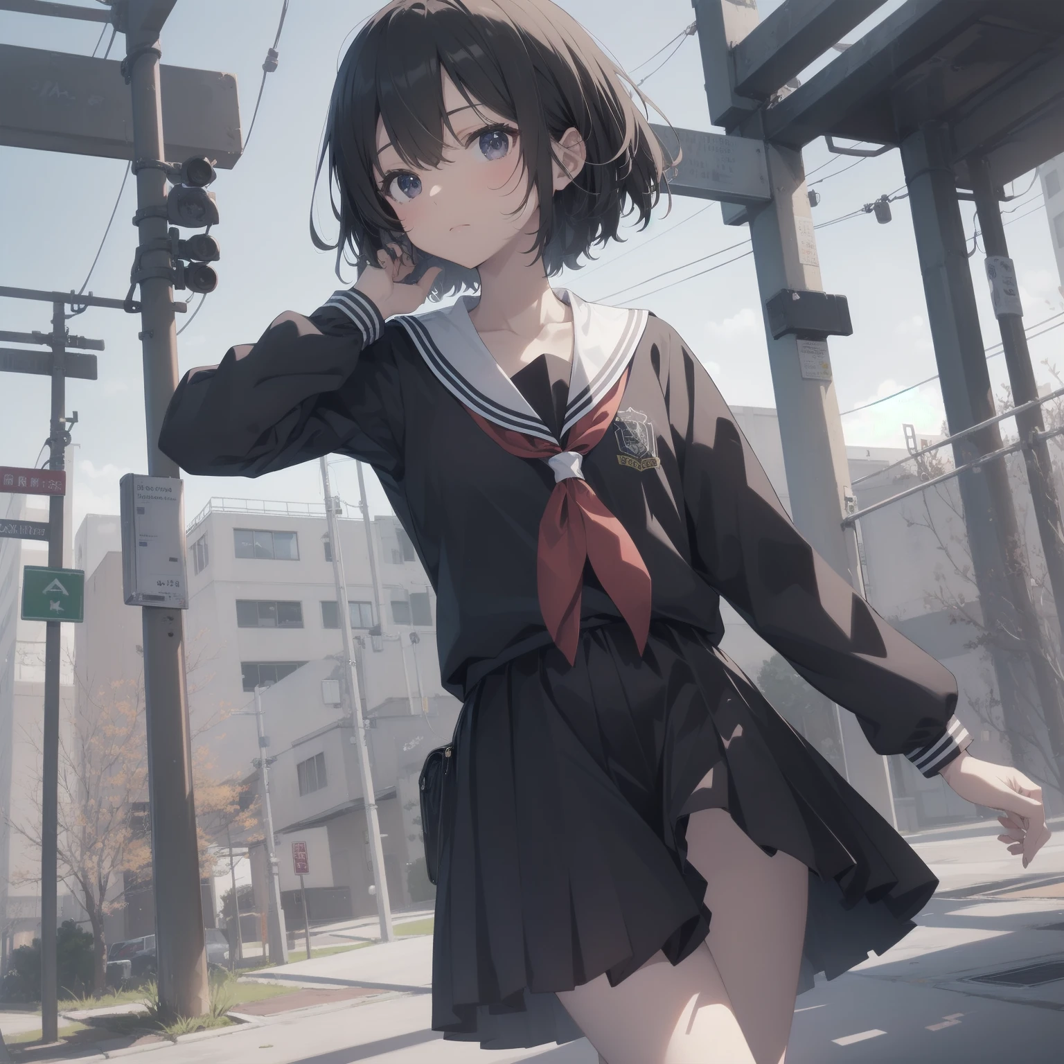 ultra-absurdres-Top quality by artist God, ultra-detailed, high resolution, anime moe artstyle, best anime 8k konachan wallpaper, pixiv contest winner, pool:2810, perfect anatomy,break, 1girl, (Please draw a girl walking sleepily to school alone. )break,(Solo,little female, 13-year-old:1.3),Full limbs, complete fingers,a junior high school student, (very short hair), short cut, flat chest, , small butt, small black eyes, beautiful detailed eyes, well-proportioned iris and pupils, expressive eyes, highres detailed hair, soft expression, salor school_uniform, sailor collar, serahuku, bow, pleated skirt,(Detailed Lighting), (Detailed background), in the School commute route. break,super detailed skin, Best cinematic lighting powered by famous artist, 8k,beauty illustration,photoshop_(medium),very aesthetic,break,((artist:beni_shake )), artist:clamp ,artist:carnelian ,artist:kantoku ,