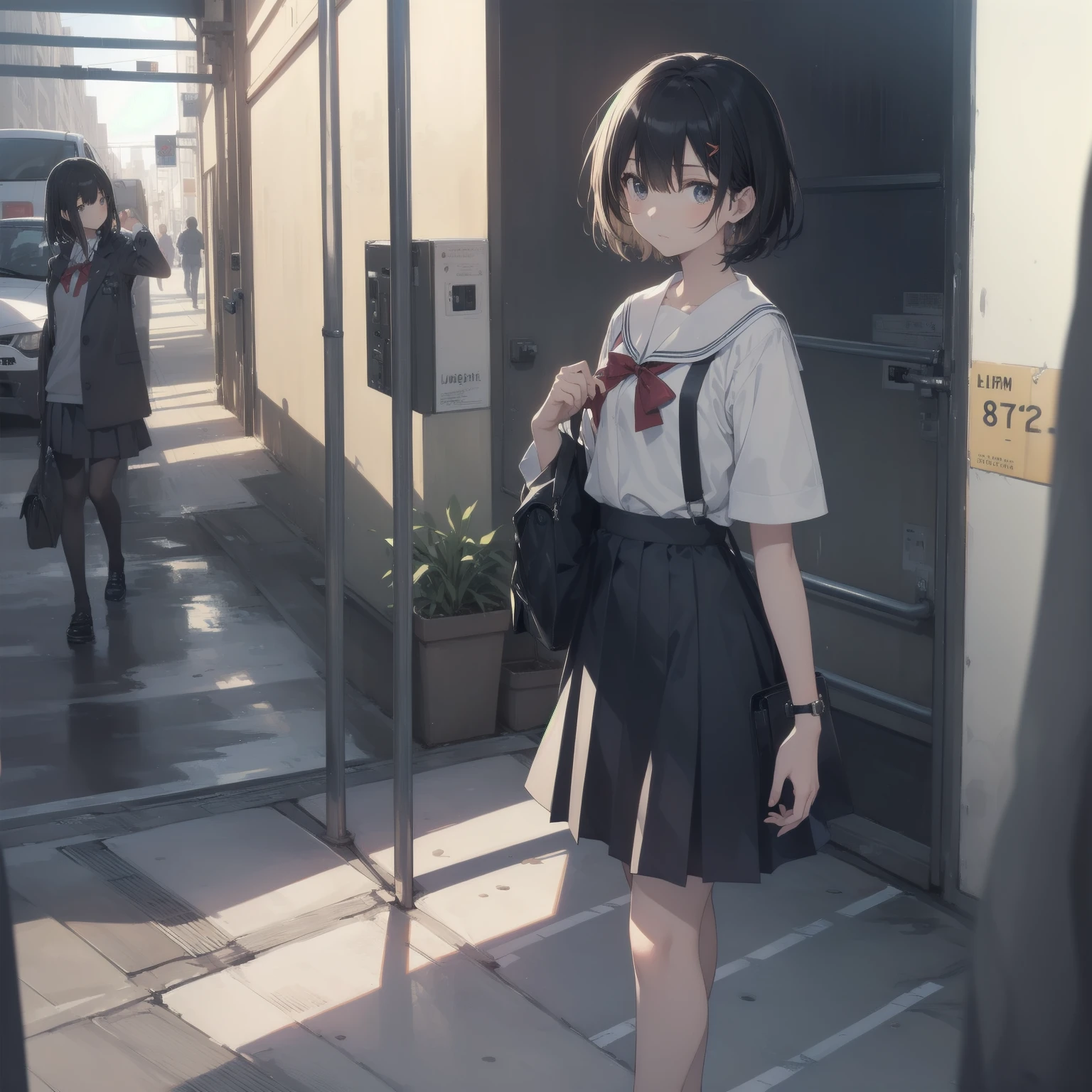 ultra-absurdres-Top quality by artist God, ultra-detailed, high resolution, anime moe artstyle, best anime 8k konachan wallpaper, pixiv contest winner, pool:2810, perfect anatomy,break, 1girl, (Please draw a girl walking sleepily to school alone. )break,(Solo,little female, 13-year-old:1.3),Full limbs, complete fingers,a junior high school student, (very short hair), short cut, flat chest, , small butt, small black eyes, beautiful detailed eyes, well-proportioned iris and pupils, expressive eyes, highres detailed hair, soft expression, salor school_uniform, sailor collar, serahuku, bow, pleated skirt,(Detailed Lighting), (Detailed background), in the School commute route. break,super detailed skin, Best cinematic lighting powered by famous artist, 8k,beauty illustration,photoshop_(medium),very aesthetic,break,((artist:beni_shake )), artist:clamp ,artist:carnelian ,artist:kantoku ,
