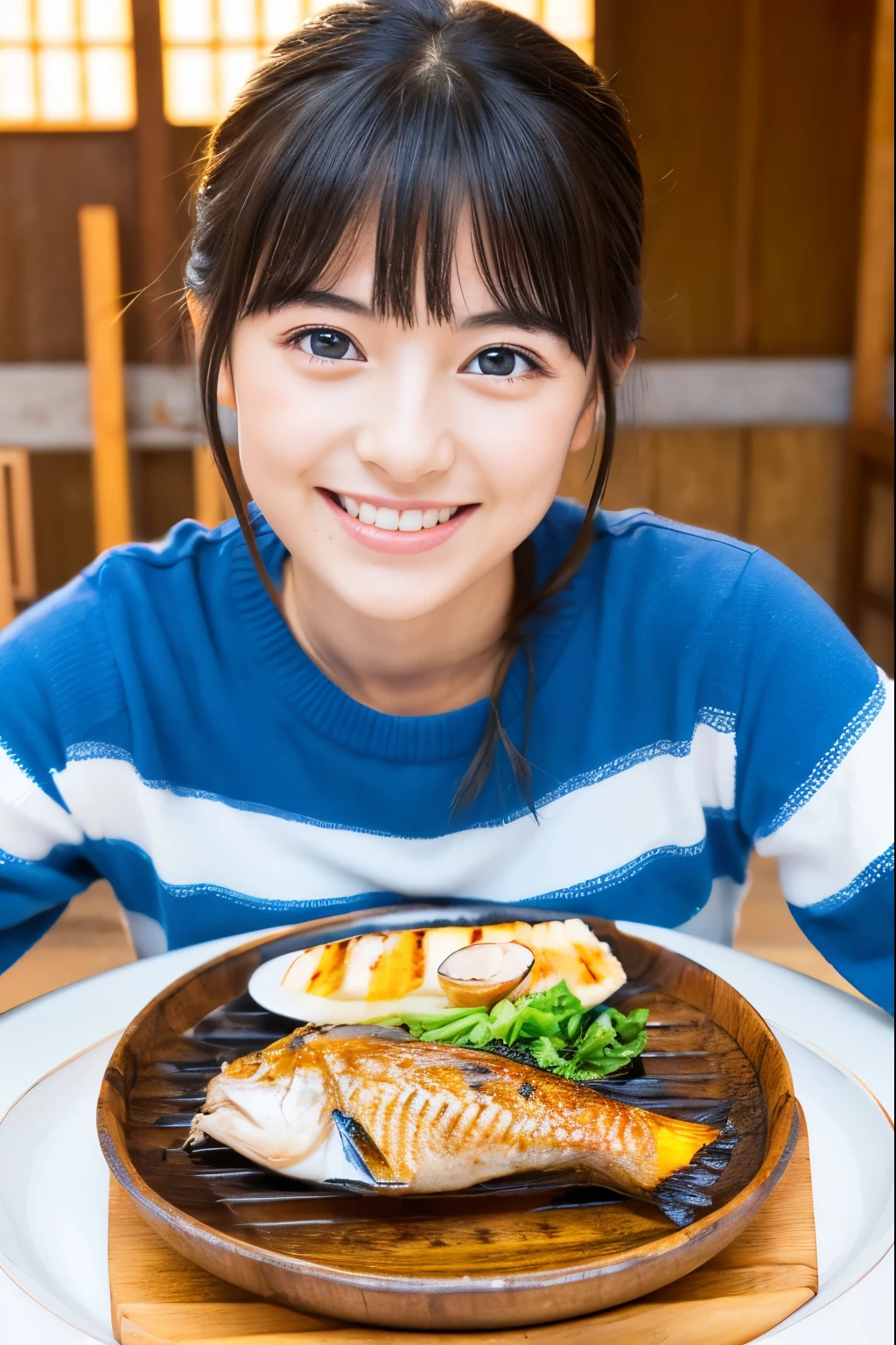 (4K), (Highest quality), (Best details), (Realistic)、Japanese summer room、A beautiful Japanese girl carefully eating grilled fish with chopsticks、、Frugal makeup、Black Hair、Blue Eyes、smile