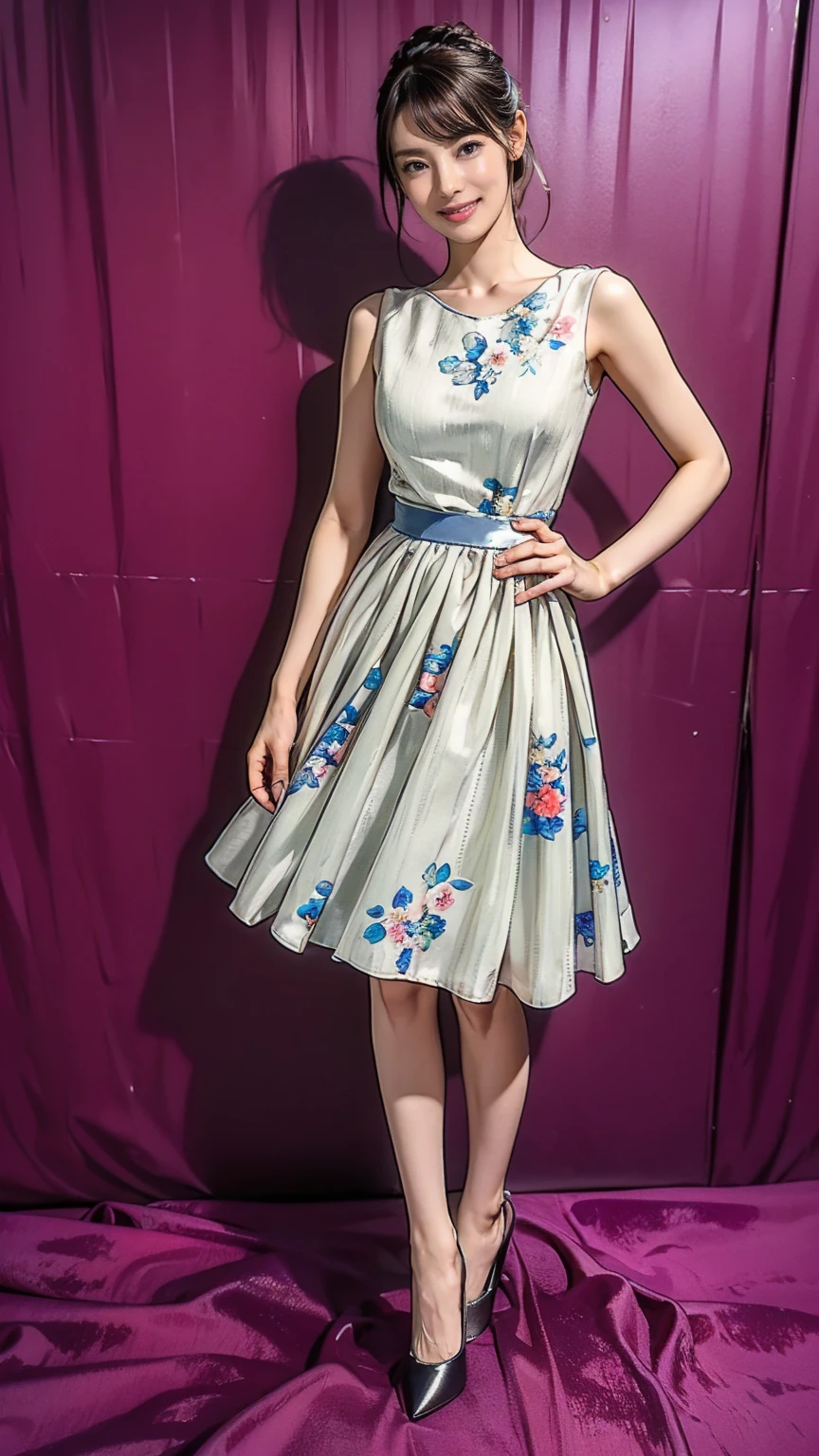 ((masterpiece)),(((Highest quality))),Thin thighs,Long legs,whole body:1.5,(One Girl:1.3),(Black high heels:1.3),(Wearing a floral striped mid-long flared skirt dress:1.2),Curly blonde hair:1.2、Model pose standing with legs apart:1.5,Bright expression:1.5