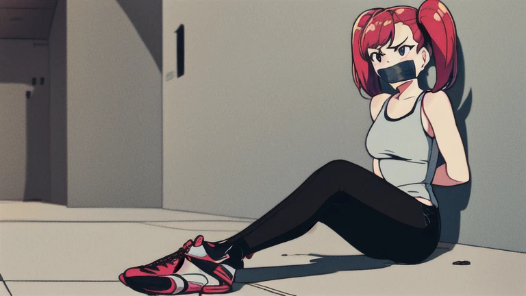 ((1 girls)), (twin tails)), ((simple_background)), ((concrete floor, concrete wall)), ((dark empty room)), tied hands, tied ankles, ((arms behind back)), ((scowl)), ((sitting on the knees)), ((mouth close)), ((mouth gagged)), ((tape gag)), ((helpless)), ((calm)), (tank top armor, tights pants, long black pants, sports shoes).