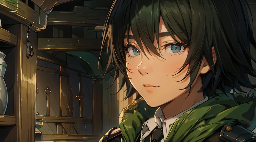 yuichiro hyakuya, (WithoutFear:1), 1 boy, black hair, green eyes, brown coat, gray armor, green shield, green cloak, dark brown gloves, town, white fur trim, tall, anime, standing, good quality, portrait, looking at viewer