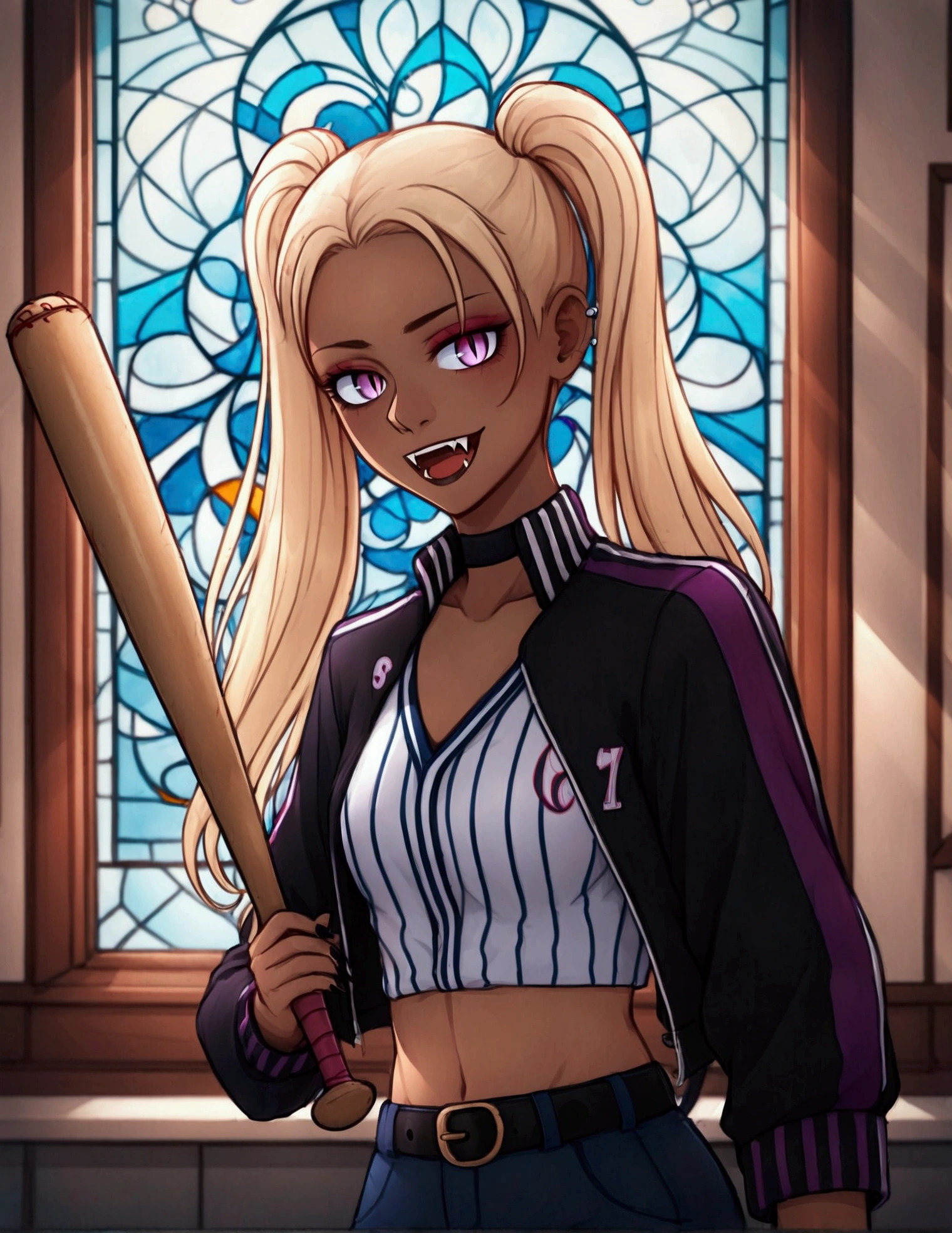 score_9, score_8_up, score_7_up, (solo close-up of gentle vampire lady with baseball bat looking out of stained glass ornate window:1.4) in (dynamic pose:1.0), (slightly open mouth with fangs:1.1), (crop striped baseball jersey, fashionable leather jacket:1.3), blonde twintails, pants with belt, tanned skin, (round face), (otherworldly moon), (Gothic architecture with intricate design:1.2), bright colors, rating_safe.