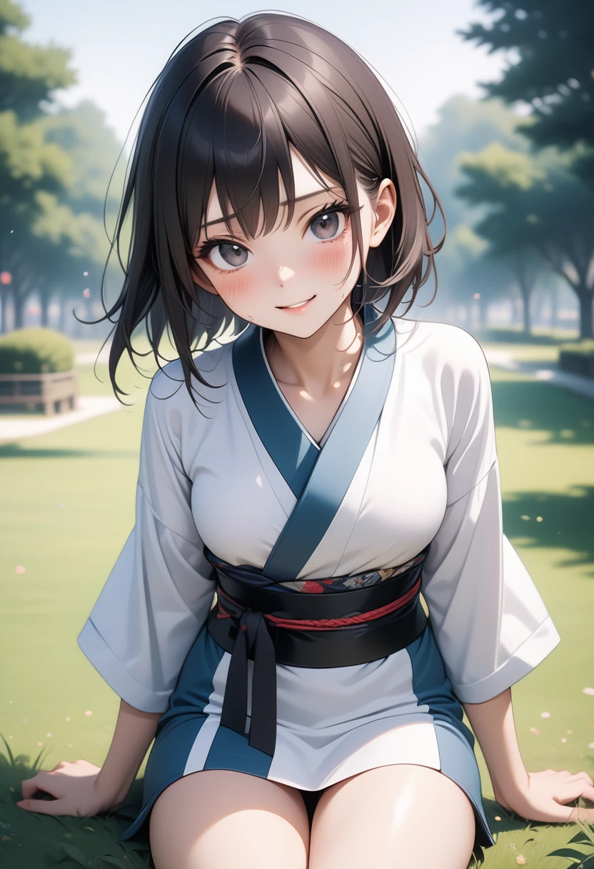 ((Ninja Girl)), (((kimono))), dark Outfit, ((skindentation)), skinny, solo, (1 sexy woman), Masterpiece, highest quality, highest quality, 16K, incredibly absurd, highly detailed, 2.5D, ai-generated, delicate and dynamic, very delicate facial expressions, delicate eye depiction, erotic, only sexy woman, Dark hair, black eyes, ((A cute and kind face)), healthy figure, ((25-year-old woman)), 160cm tall, medium firm swaying bust, blush, Sweat,Embarrassed,sexy, ((thin thighs)), ((shiny and lustrous)), facing straight at viewer, smile, Large park, daytime, bright, on the grass,