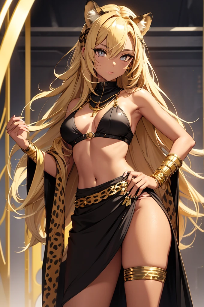 Solo, girl, tan skin, leopard ears and a tail, leopard markings face, golden jewelry and wears black clothing hints of gold black top, black Loincloths around her hips she wears golden sharp fingernail guards. darkish gold hair fades to bright gold is curly hair goes into one big braid, grey eyes, gold pupils. tan skin and moles on her left side cheek and one by her right eye she haves black triangle markings on both of her legs and only right arm (full body) masculine body