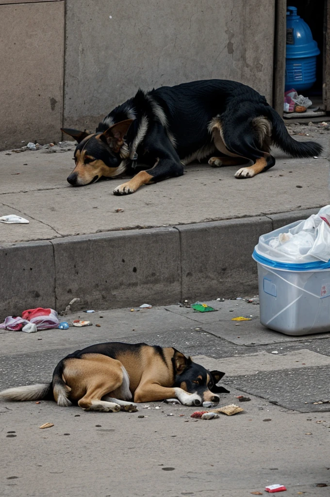 1. Unconsciousness of people:
 
- Angle at ground level: Stray dog caught looking for food in the trash, highlighting their condition of abandonment and search for subsistence.
- Foreground: Detail of the sad and helpless expression of a homeless dog, highlighting the lack of care and affection. Arequipa-northern cone-yura