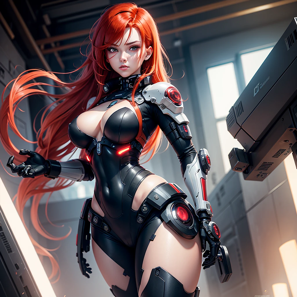 The picture shows a beautiful cyborg girl with red hair. Her image combines elements of technology and human beauty. She looks a little sad, but at the same time sexy. She has big hips and medium sized breasts. The girl is dressed in a suit with a deep neckline. She&#39;s standing straight, and her gaze is directed downwards. Camera angle from bottom to top, which emphasizes her silhouette and facial expression. Image background - outer space with red flares. The main colors of the picture are black and red., which creates a dramatic and atmospheric scene.