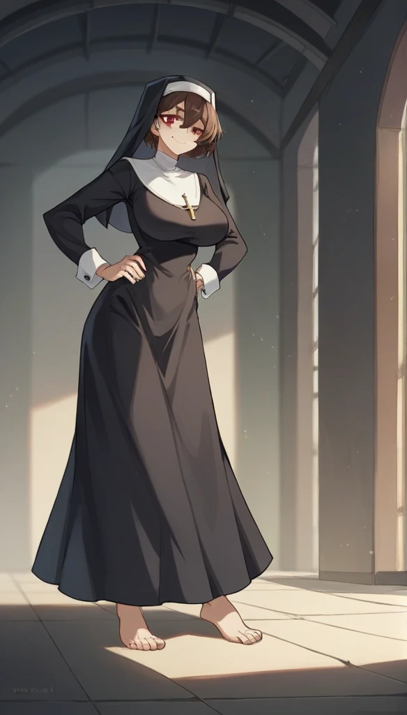 Masterpiece, best quality, Masterpiece, best quality, 1 woman , White rabbit , ferry , short brown hair , I closed one eye , red eyes , sly face , smile , nun suit , High-waisted dress , abdomen , big breasts , Long legs , hands on hips , Barefoot , abandoned factory , at night