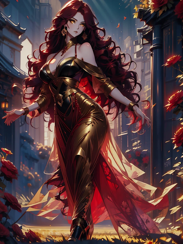 In the enchanting realm of fantasy, there exists a fierce and captivating woman, adorned with fiery red hair that cascades down her back, and bold red lips that radiate passion. Her body is a mesmerizing contrast, boasting luscious curves and a slender face, framed by her striking purple eyes, as captivating as the night sky. Atop a majestic golden tiger, she sits regally, holding in her hands a magnificent bouquet of vibrant red roses, their petals unfurling in the wind. This fullbody foto is a testament to her strength and beauty as a warrior, draped in armor that accentuates her magnificent form