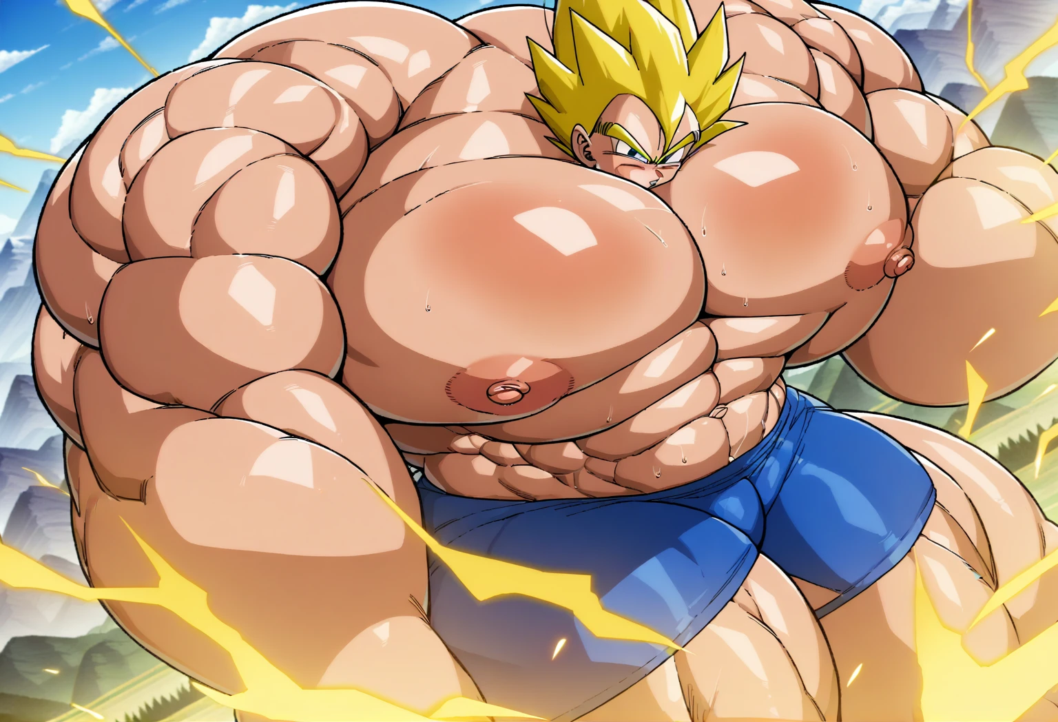 1boy, Vegeta, from Dragon Ball Z, masterpiece, best quality, very aesthetic, absurdres, saiyan, green eyes, spiked hair, (yellow hair:1.5), shirtless, blue skintight pants, white gloves, (huge muscles:3), Dragon Ball Z artstyle, in the style of Akira Toriyama, white tiled floor, outdoors, flat-top mountains, yellow aura, electricity, (mountains and sky in background:2), (visible abs:2), nipples, white gloves, white boots, calves, (huge thighs:2), (huge shoulders:2.5), (muscular pectorals:2.5)