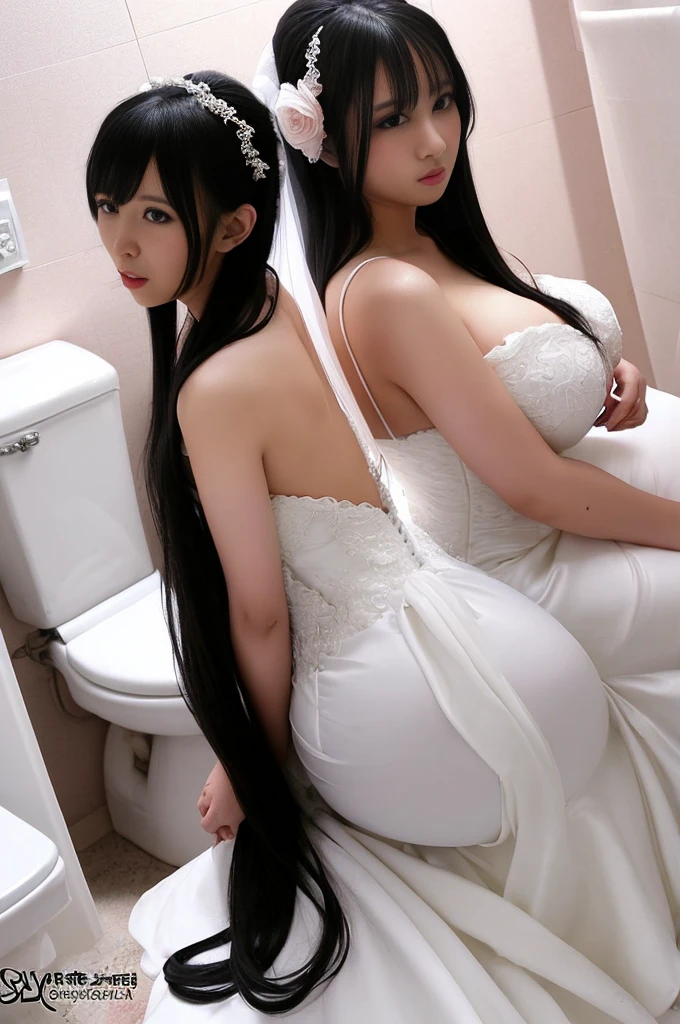 Brides Ayana and Mika、A gorgeous, voluminous wedding dress、Super fat、Big Breasts、Big Ass、Super long straight black hair、Small private room、Sitting on the toilet