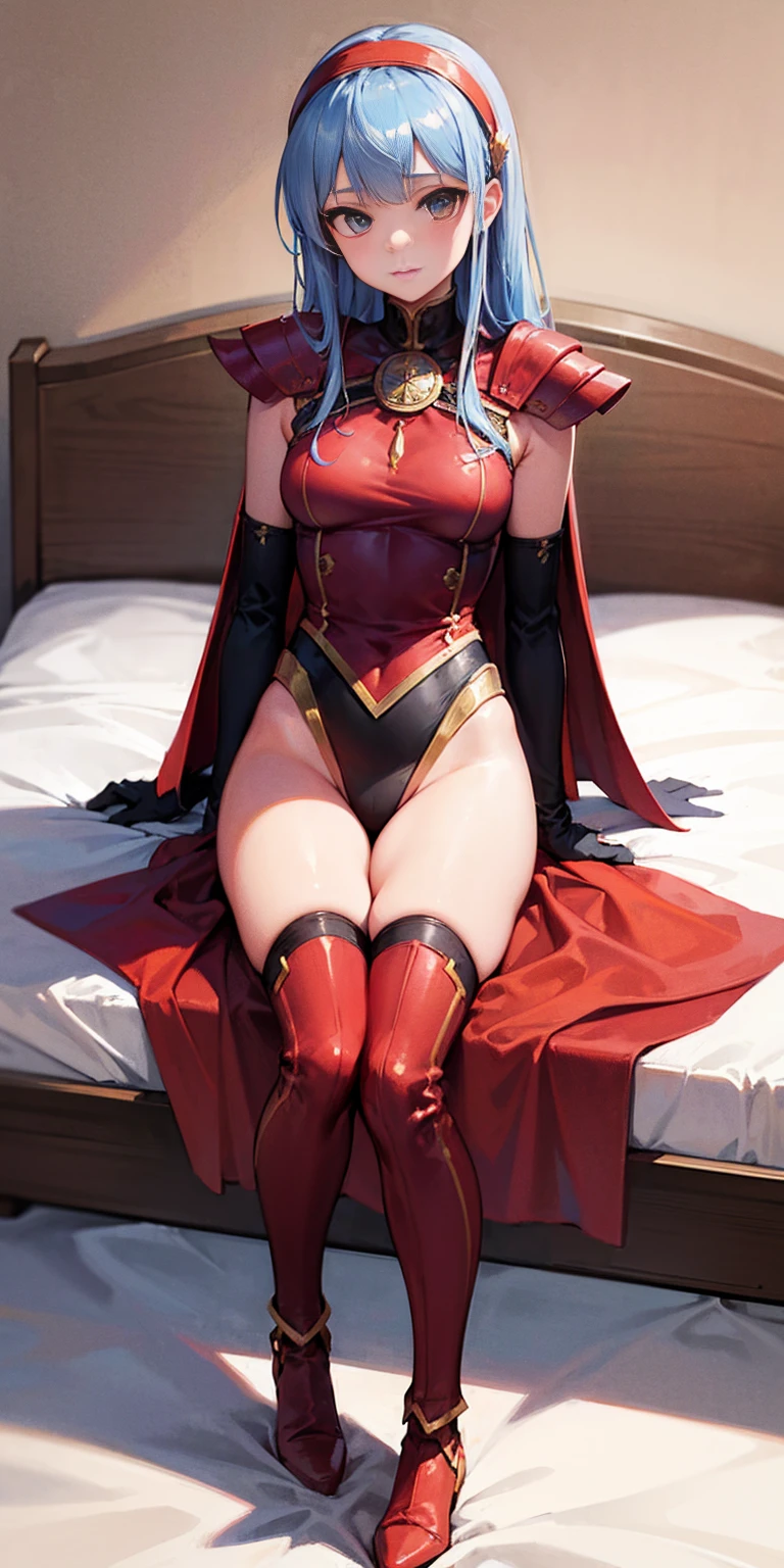 masterpiece, best quality, highres, 1girl umi ryuuzaki hairband headgear, red armor shoulder armor red cape elbow gloves leotard white thighhighs sitting on bed, bedroom background