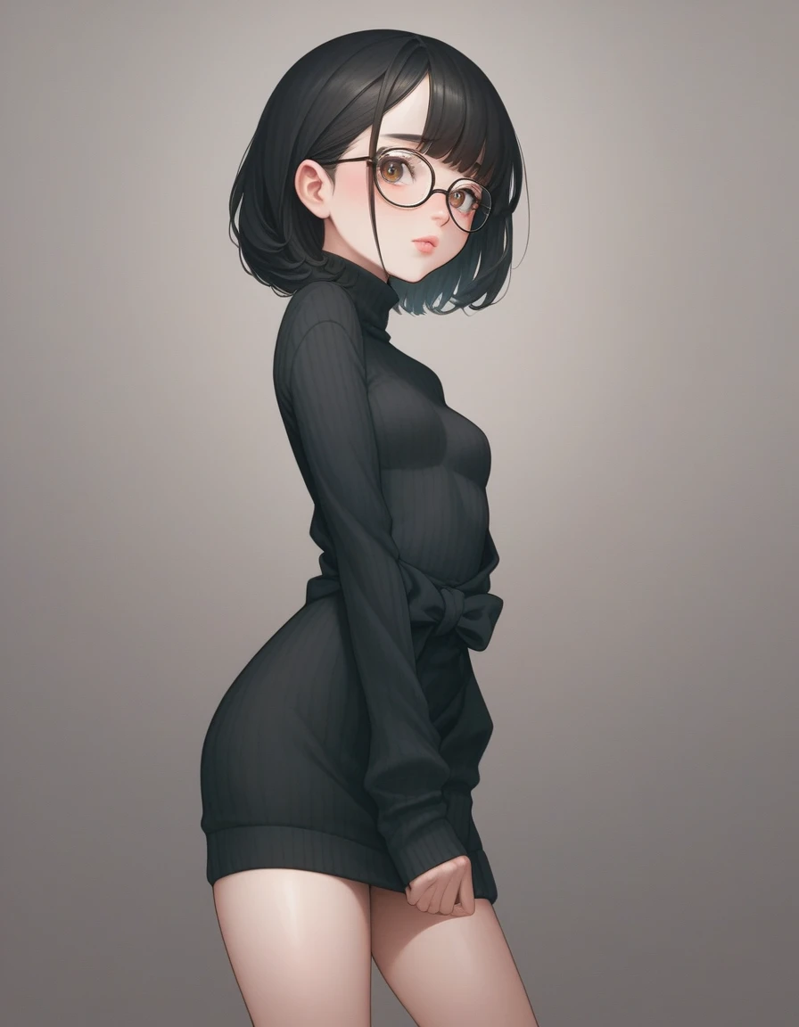 score_9, score_8_up, score_7_up, score_6_up, score_5_up, score_4_up, source_anime,
early 20s girl, cute, looking at viewer, (perfect female figure), slim waist, short height, small breasts, standing, black rimmed glasses, dark gray sweater dress, makeup, bangs, (long silky black hair:1.2), (hazel eyes:1.1), (pale skin:1.1), (soft feminine features:1.2), (full lips:1.1), (long eyelashes:1.1), (shy expression:1.2), (blushing:1.1), (averting eyes:1.1), nerdy