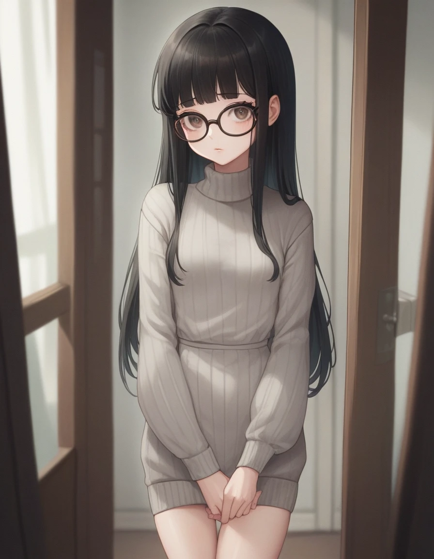 score_9, score_8_up, score_7_up, score_6_up, score_5_up, score_4_up, source_anime,
early 20s girl, cute, looking at viewer, (perfect female figure), slim waist, short height, small breasts, standing, black rimmed glasses, dark gray sweater dress, makeup, bangs, (long silky black hair:1.2), (hazel eyes:1.1), (pale skin:1.1), (soft feminine features:1.2), (full lips:1.1), (long eyelashes:1.1), (shy expression:1.2), (blushing:1.1), (averting eyes:1.1), nerdy