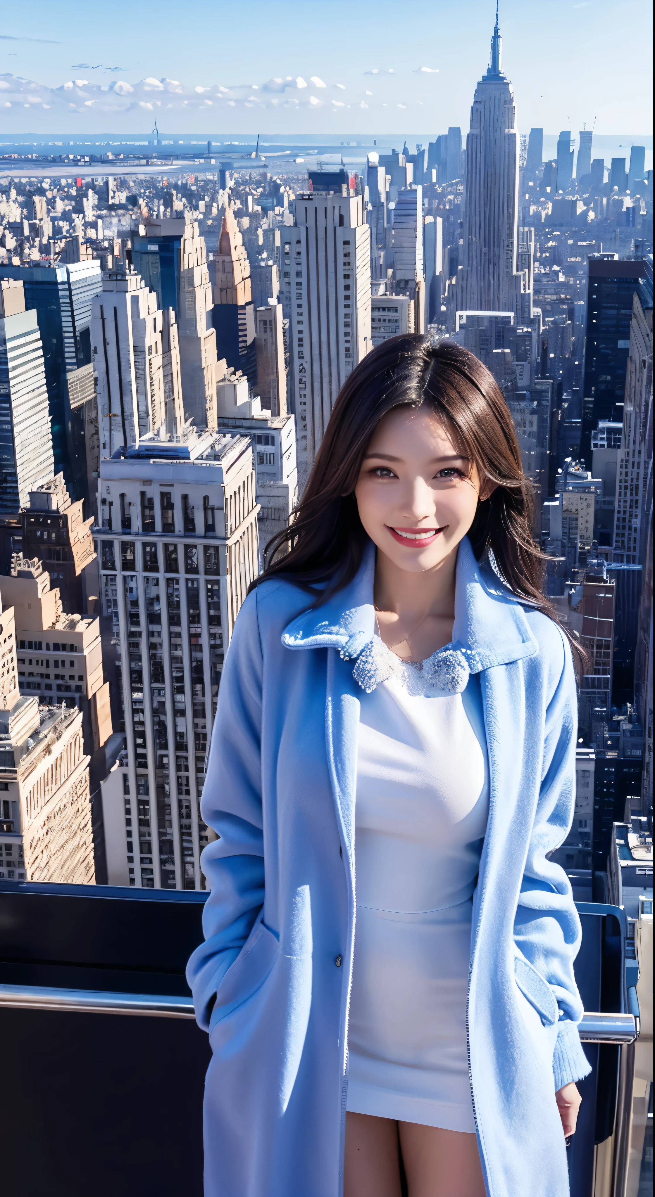with high definition images，View of the Statue of Liberty in New York from the rooftop，Beautiful woman smiling and looking at camera，Beautiful woman in a white coat and red dress（Full body high quality images）A sunny, cloudless day，Facial details