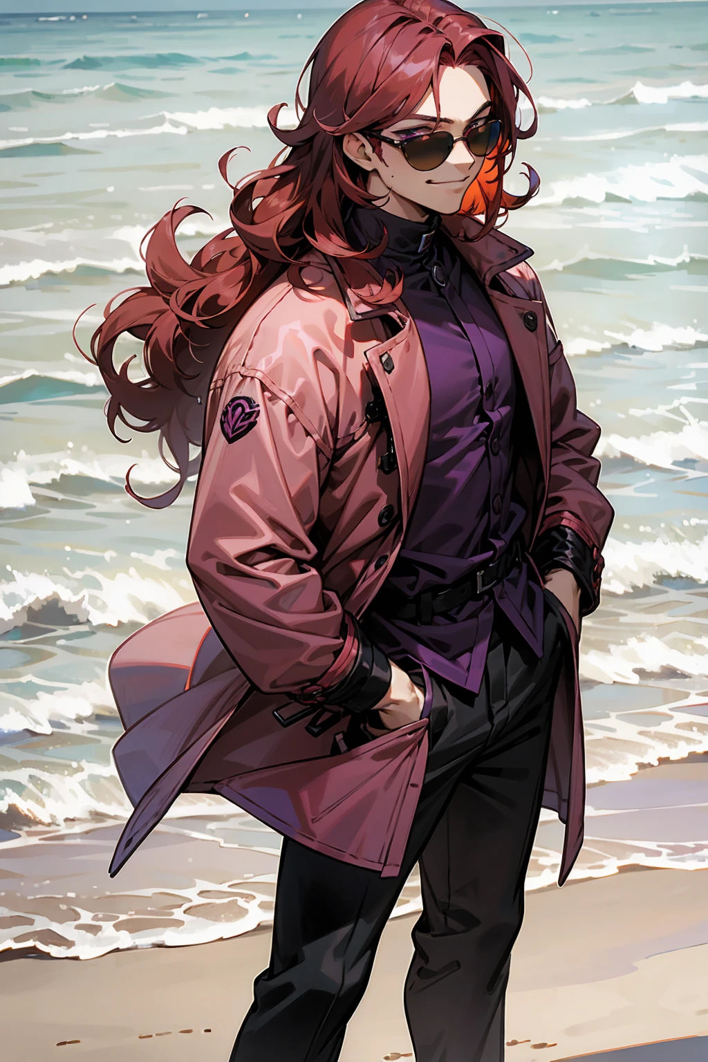 1male, Young Adult, Dark Red Hair, Light Pink Hair, , Muscular, Curly Hair, Two Toned Hair, Sunglasses, Magenta Colored Eyes, Smirk, Standing On Beach, Purple Coat