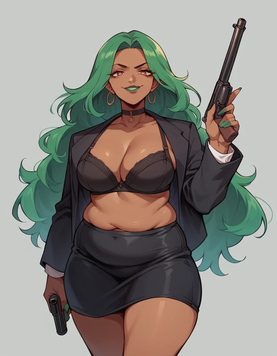 beautyfull woman, long green hair, long hair, african skin, green lipstick, black skirt, black bra, black chocker, black jacket, chubby, evil smile, holding a shotgun