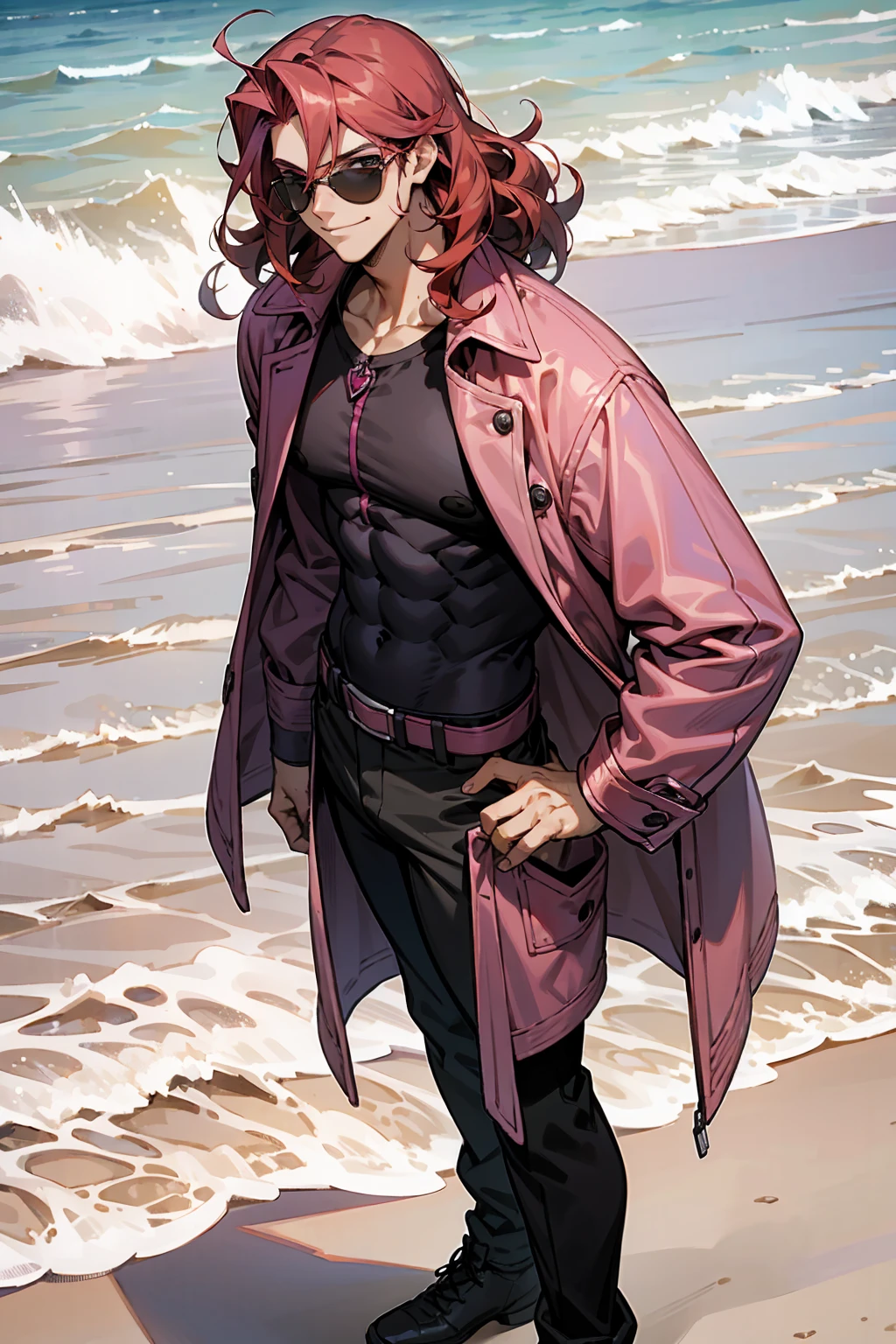 1male, Young Adult, Dark Red Hair, Light Pink Hair, , Muscular, Curly Hair, Two Toned Hair, Sunglasses, Magenta Colored Eyes, Smirk, Standing On Beach, Purple Coat