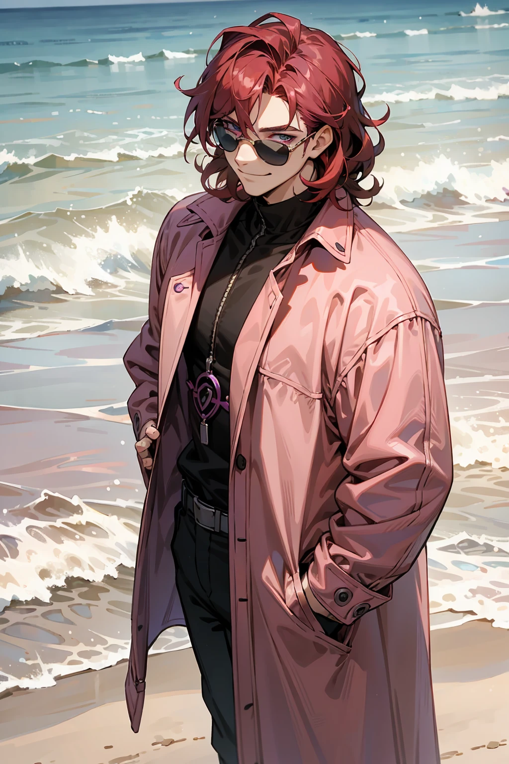 1male, Young Adult, Dark Red Hair, Light Pink Hair, , Muscular, Curly Hair, Two Toned Hair, Sunglasses, Magenta Colored Eyes, Smirk, Standing On Beach, Purple Coat