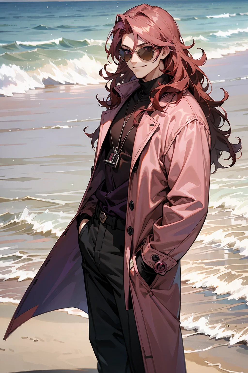 1male, Young Adult, Dark Red Hair, Light Pink Hair, , Muscular, Curly Hair, Two Toned Hair, Sunglasses, Magenta Colored Eyes, Smirk, Standing On Beach, Purple Coat