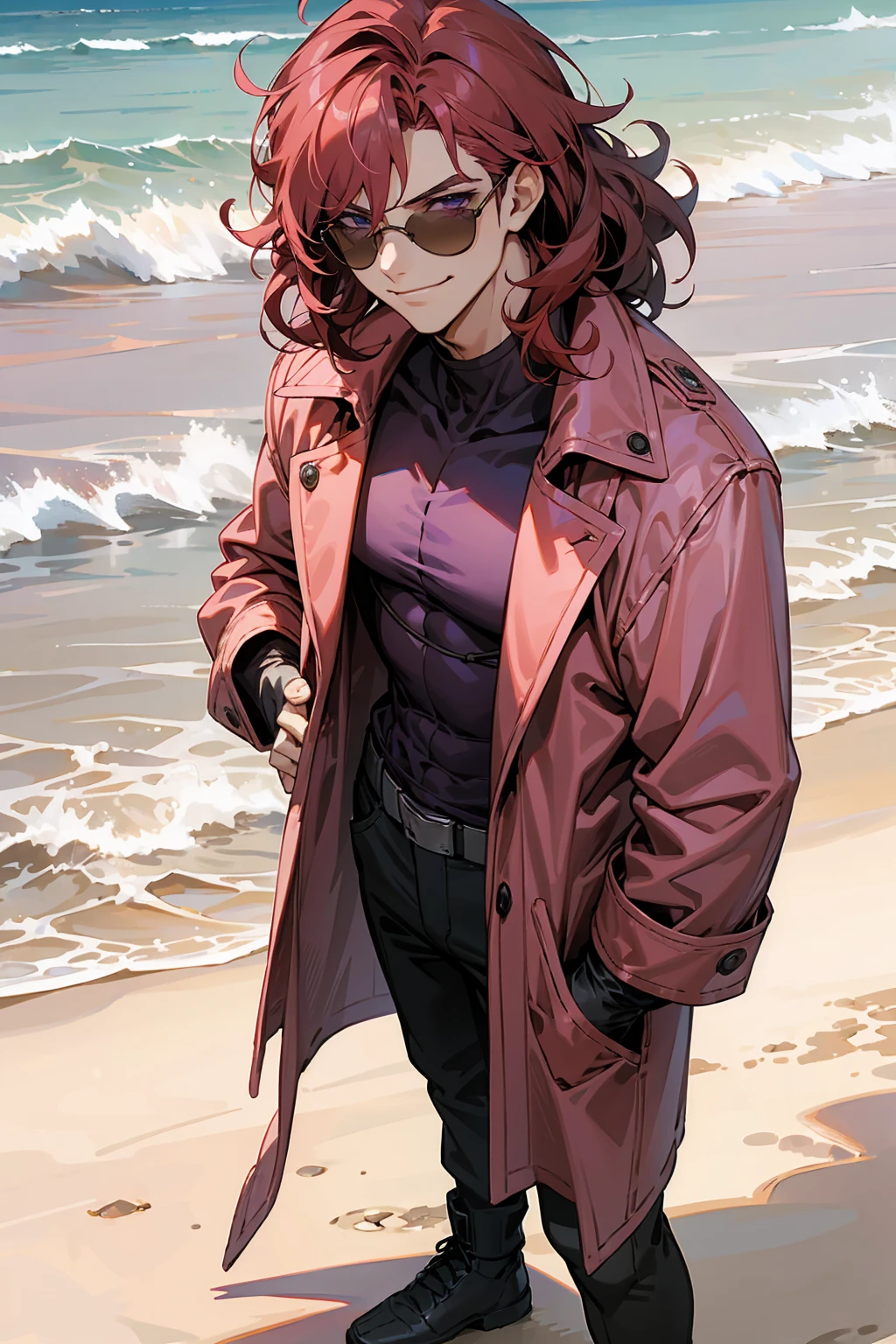 1male, Young Adult, Dark Red Hair, Light Pink Hair, , Muscular, Curly Hair, Two Toned Hair, Sunglasses, Magenta Colored Eyes, Smirk, Standing On Beach, Purple Coat