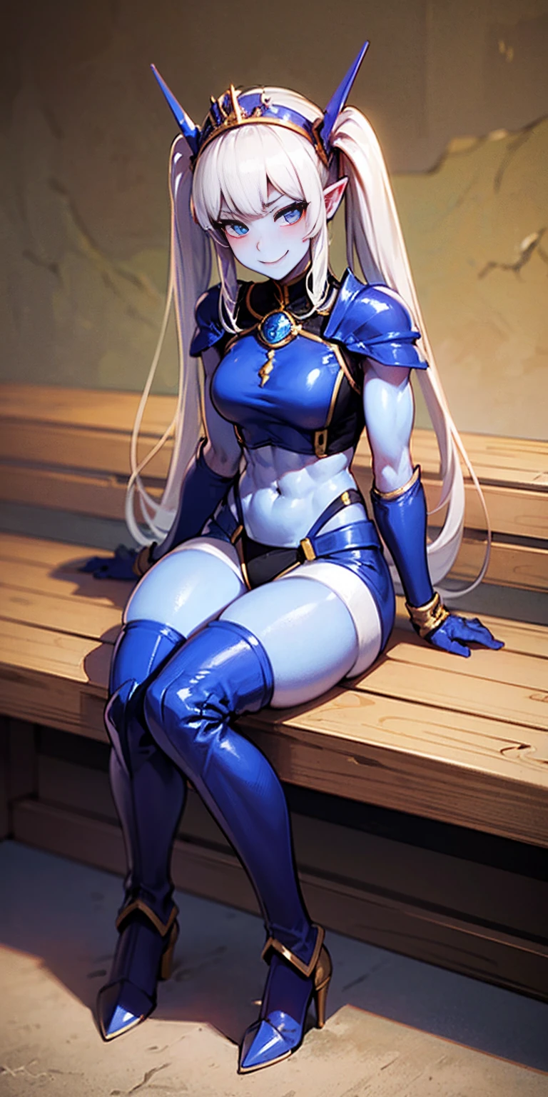 full body sitting on a bench showing ass to me, BLUE breastplate, BLUE skin (1girl)(BLUE skin:1.2), looking at viewer, shiny, armor, thigh highs, high boots, pauldrons shoulder armor, faulds, poleyn, gloves, gauntlets, rerebrace armored boots, (masterpiece, best quality, ultra-detailed, best shadow) yordle pointy ears muscular lean platinum blonde long twin-tails hairstyle at the office lustful smirking smile face red blushed, blush, strong abs, female body builder, tiara, twin drills hair