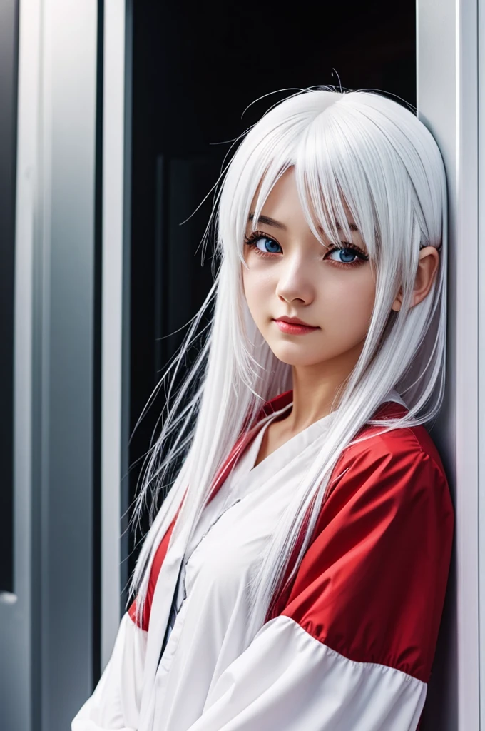 1girl, White hair, Red eyes, Shy, Anime