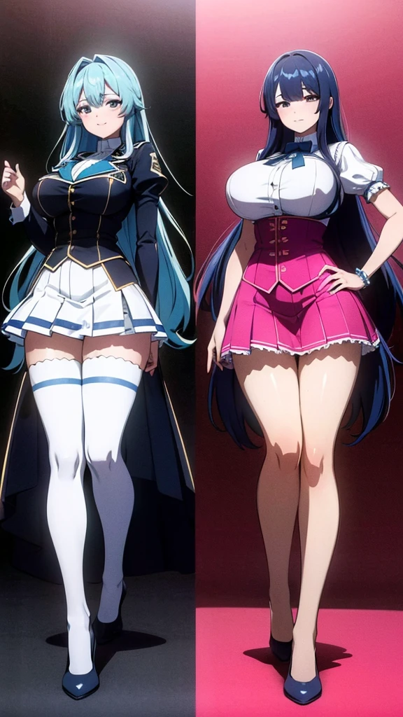 a masterpiece of two plump girls with cyan-blue colored hair, huge fuzzy hairstyle, parted-bangs, hazel eyes, and matching uniforms with sexy lace accents, ribbons, and rainbow short skirts, wearing white thigh-high socks and black high heels, posing together with a seductive smile, flat color background, full body, ultra-detailed, (best quality,4k,8k,highres,masterpiece:1.2),ultra-detailed