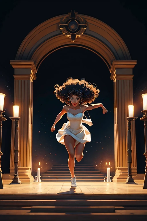 Create an illustration of a black woman with curly hair, running away from an altar, bride on the run, she is in the background, running away, the setting is a background altar with chairs around it and people sitting on them.