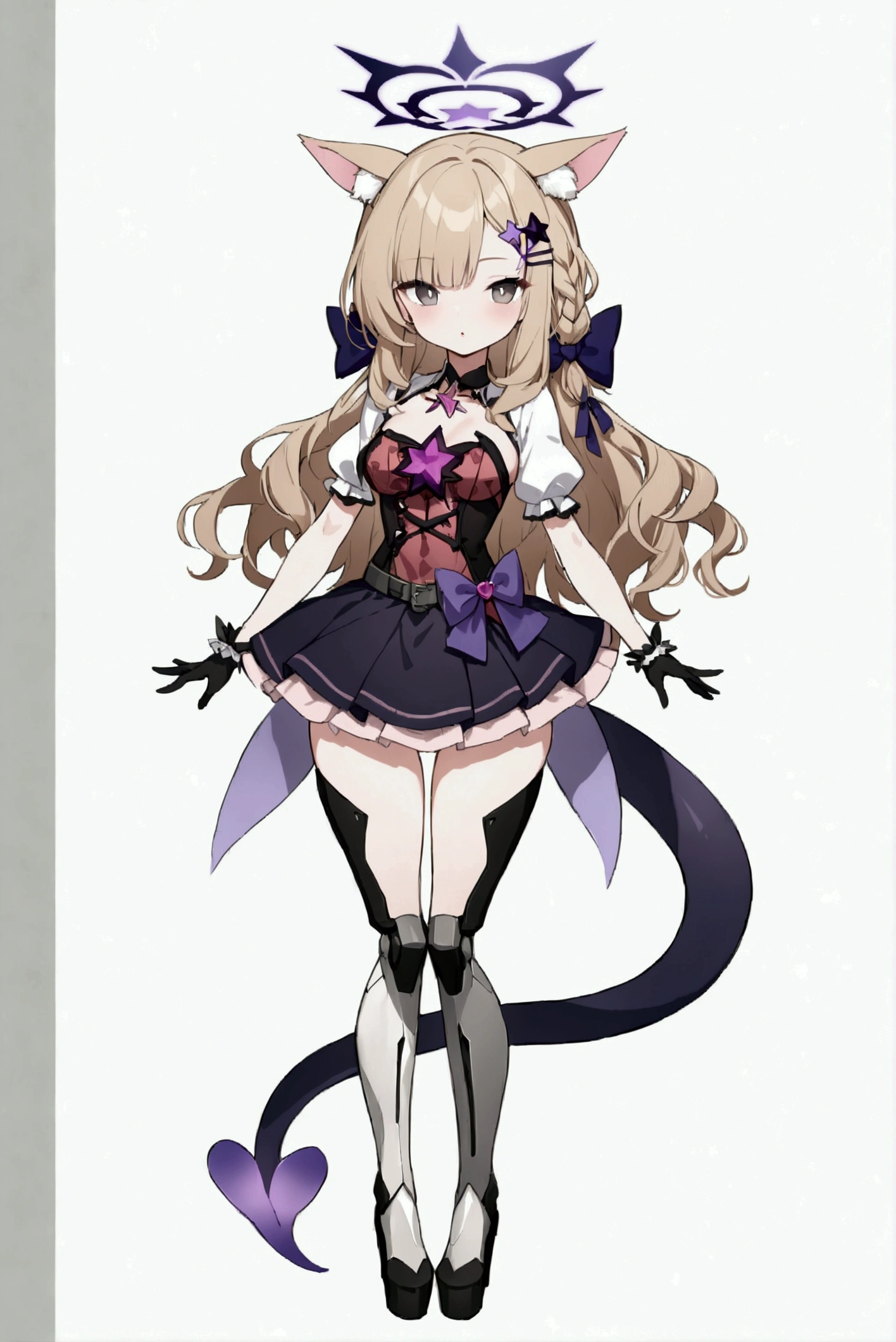 woman 170 cm tall, medium ?????, wide hip, slim build, charming look, ((whole body)), (((character design sheet: front view))), (dark blonde hair, ((hip length wavy hair, asymmetrical bangs, star hairpin)), (She has a short braid tied with an elegant purple ribbon on the left side of her hair above her ?????), (She has a short braid tied with an elegant purple ribbon on the right side of her hair above her ?????), She has small hair bows in the back of her hair), ((Gray eyes with a pink 4-pointed star in the pupil)), (Two black and purple fox ears located on the top of the head), (Luminous black horizontal halo with purple star patterns above head), He has a black collar with a heart emblem on his neck., (Elegant long one piece dress, Thigh-length lace and ruffle skirt, large bow at the back of the hip, ribbon decorations and star patterns on the dress), black ruffled gloves, Black platform heels, gray belt at the waist with a large ribbon with a luminous pink heart in the middle, ((He has a succubus tail that ends in the shape of a purple heart)), (((It has complex mechanical legs that reach up to the thighs and are black with small purple details.))), beautiful detailed hair, beautiful detailed dress, extremely detailed arms, extremely detailed face, small face, Beautiful detailed eyes, beautiful detailed lips, adorable, extremely detailed legs, (Best Quality, 4k, high resolution), ultra detailed, Exquisite and epic character art, ((White background)), (Focus on symmetry).