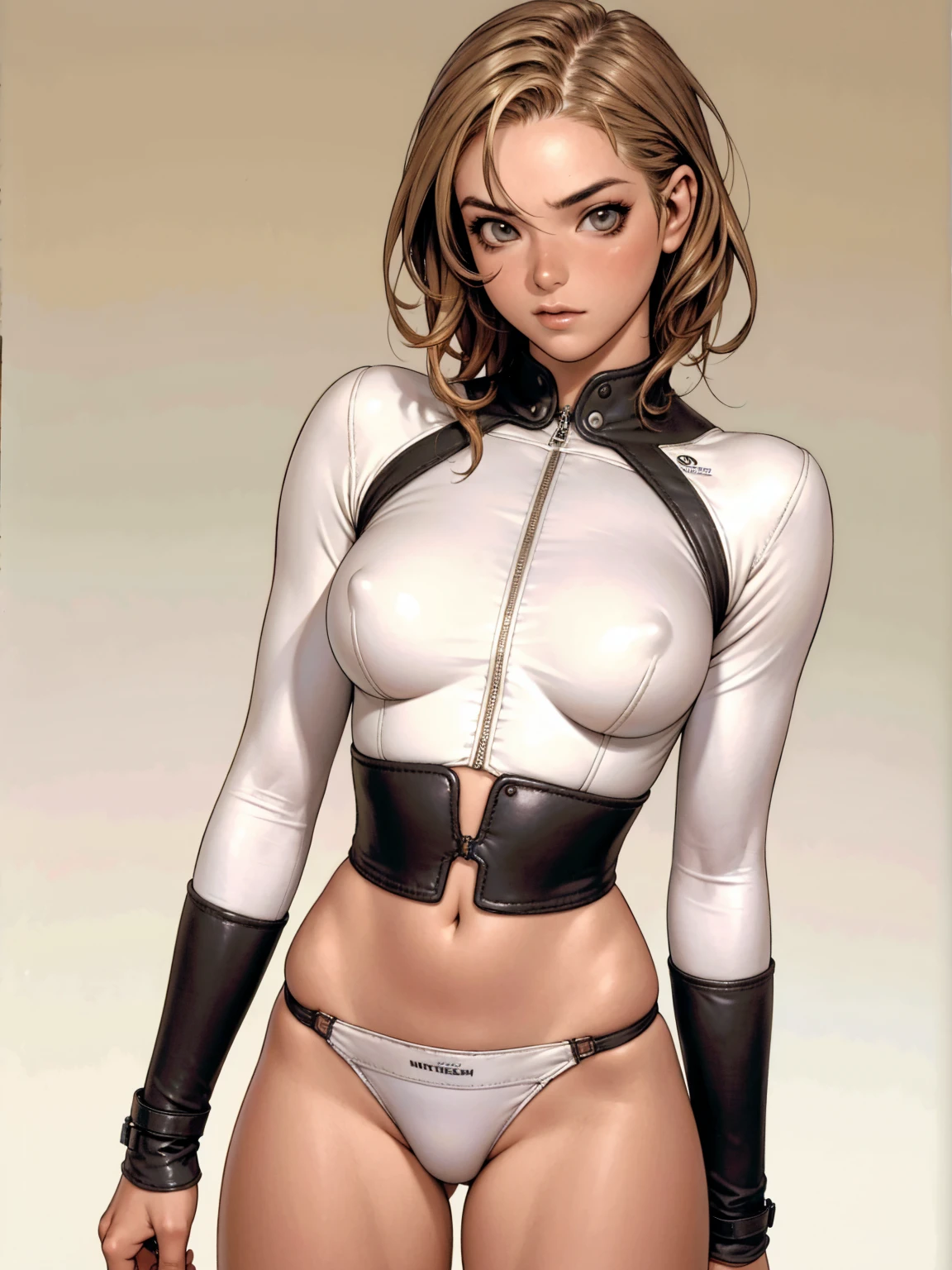 (((MMA fighter))), ((( red shorts ))), (((bandaged arms))), ((high collar)), (((Redhead or blonde))), (((micro shorts with vertical seams))), (((best qualityer: 1.4))), (Unbeatable masterpiece), (hiper HD),(CG 8k hyper-realistic), (((brave face))), (((breasts big))), (((hyper feminine))), (((musclegirl))), sexly girl, king of fighter,(curly hair)), ((( sculptural body ))), (((1 Kizi))), Kizi de 25 anos com perfectbody,,Beautiful and well-groomed face,muscular body:1.2,solid color detailed jacket, (Head to thigh photos), Complex equipment, green dark,long pants,Tight clothes are dark,With white stars and off-white stripes,,,,,Armor Metal Electronic Parts) INFO, Kizi, (((standing alone))), pirralha violent, ((())), sexly, pose de atitude, work of art, post-apocalypse, (((manga style))), bounty hunter, violent, Manic, the way you want, slenderbody, thin but strong, perfectbody, roupa moderna, advanced technology, neon, sleeves with vertical striped pattern, neutral background, (( cowboy shot )). intricate visual