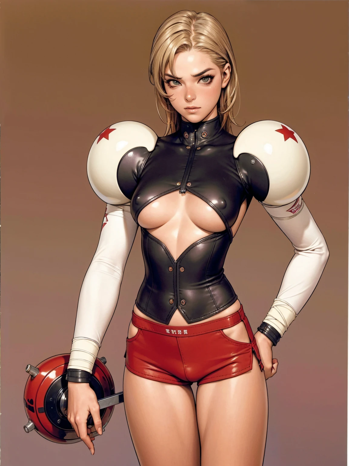 (((MMA fighter))), ((( red shorts ))), (((bandaged arms))), ((high collar)), (((Redhead or blonde))), (((micro shorts with vertical seams))), (((best qualityer: 1.4))), (Unbeatable masterpiece), (hiper HD),(CG 8k hyper-realistic), (((brave face))), (((breasts big))), (((hyper feminine))), (((musclegirl))), sexly girl, king of fighter,（curly hair)), ((( sculptural body ))), (((1 Kizi))), Kizi de 25 anos com perfectbody,,Beautiful and well-groomed face,muscular body:1.2,solid color detailed jacket, (Head to thigh photos), Complex equipment, green dark，long pants，Tight clothes are dark，With white stars and off-white stripes,,,,,Armor Metal Electronic Parts) INFO, Kizi, (((standing alone))), pirralha violent, (((14歳))), sexly, pose de atitude, work of art, post-apocalypse, (((manga style))), bounty hunter, violent, Manic, the way you want, slenderbody, thin but strong, perfectbody, roupa moderna, advanced technology, neon, sleeves with vertical striped pattern, neutral background, (( cowboy shot )). intricate visual