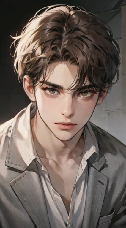 masutepiece, Best Quality, Realistic, 1man, matured male, Quiet and charming young man, 25 years old, closing eye, Serious look, extra detailed face, ((dark grey eyes)), ((Short right sweep dark brown hair)), [Thick eyebrows], detective, Plain background, ((Suit)), Cinematic lighting, gaze at the audience, Postural dynamics