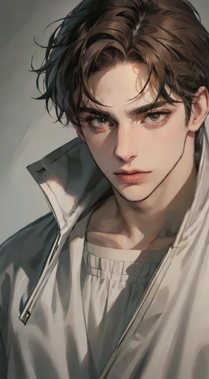 masutepiece, Best Quality, Realistic, 1man, matured male, Quiet and charming young man, 25 years old, closing eye, Serious look, extra detailed face, ((dark grey eyes)), ((Short right sweep dark brown hair)), [Thick eyebrows], detective, Plain background, ((Suit)), Cinematic lighting, gaze at the audience, Postural dynamics