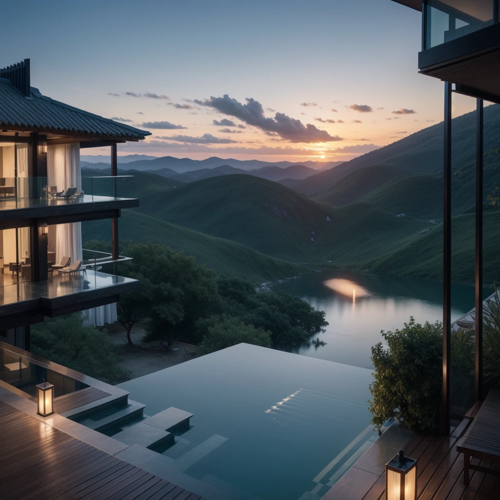 Zaha Hadid style hotel tower with wood and metal texture, hotel with infinity pool, rural landscape at dusk in high quality, 8k UHD