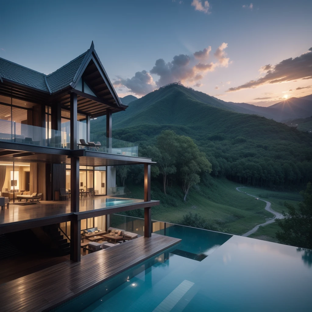 Zaha Hadid style hotel tower with wood and metal texture, hotel with infinity pool, rural landscape at dusk in high quality, 8k UHD