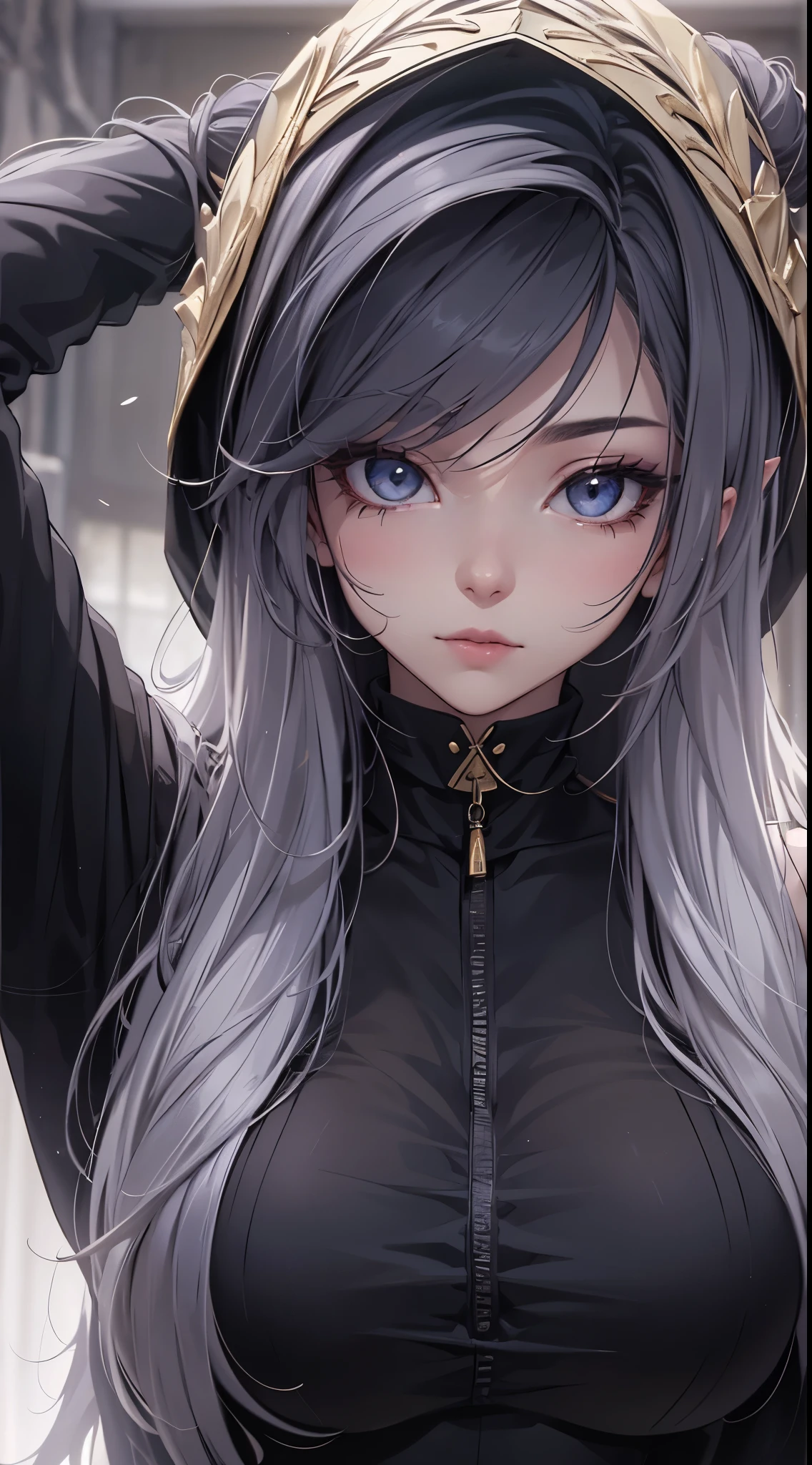 White elf girl, dark grey hair color, very long flowing hair, grey eye color, small eyes, round eye shape, eyeliner, realistic face shape. black shirt, portrait, wearing a black hood, black background, Depth of Field. looking at camera, dreamy look detailed eyes, detailed face, detailed skin, Ultra Detailed, Beautiful and Aesthetic, Masterpiece, Best Quality, shoulders showing. fish net fabric, round chin shape. wearing black hood over hair. showing full upper body and face. wearing a black hood, alot of flairs in background, zoomed out, black and gold. glowing,